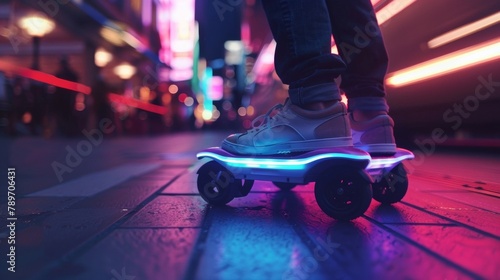 A dreamlike scene with defocused backgrounds featuring a glimpse of modern technology including drones hoverboards electronic scooters and electric bicycles embodying the fastpaced . photo