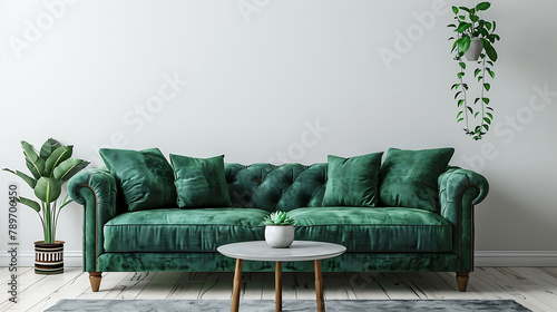 Interior mock up with gray velvet sofa, green pillows, coffee table and succulents in living room with white wall, 3D rendering