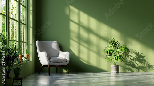 Interior mockup green wall with gray armchair and decor in living room3d rendering