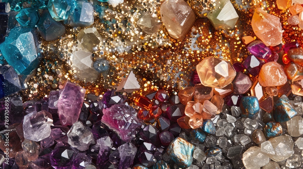 vibrant collage of gemstones and precious metals gleaming in the light, representing the allure and diversity of Earth's natural resources. vibrant collage of gemstones and precious metals gleaming in the light, representing the allure and diversity of Earth's natural resources.