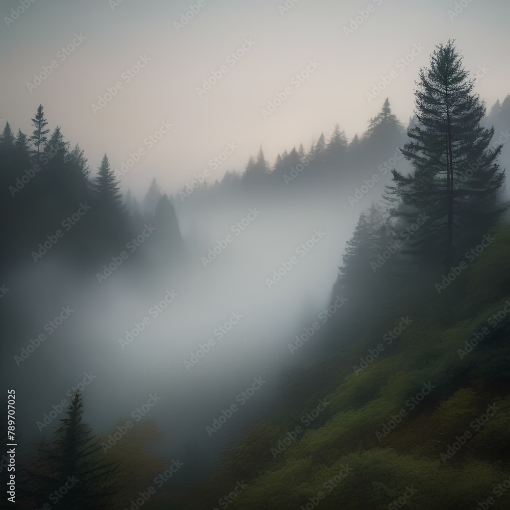 A dense fog rolling over a quiet, misty forest4