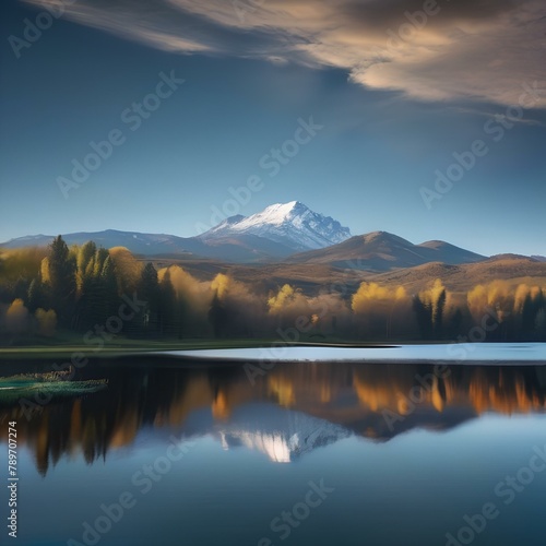 A tranquil lake reflecting the clear blue sky and surrounded by mountains1