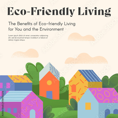Eco-friendly living brochure concept with houses,hills and trees.Web page design template with village in the spring or summer.Vector layout for real estate website,prints,flyers,banners