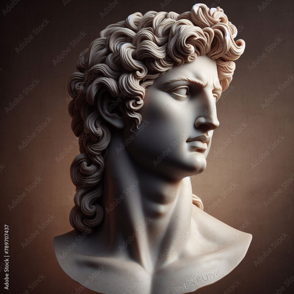 God Apollo bust sculpture. Ancient Greek god of Sun and Poetry Plaster copy of a marble statue isolated on black. God Apollo bust sculpture. Ancient Greek god of Sun and Poetry Plaster copy of a marble statue isolated on black.