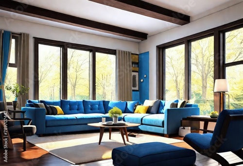 Blue couches contrasting beautifully with the natural wood floors in the room, Stylish blue couches complementing the wooden floors in a modern living space, A cozy living room with blue couches. photo