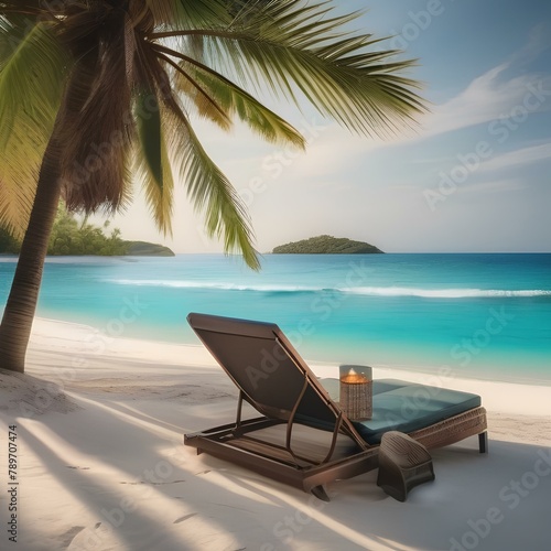 A serene beach with white sand  turquoise water  and palm trees swaying in the breeze4