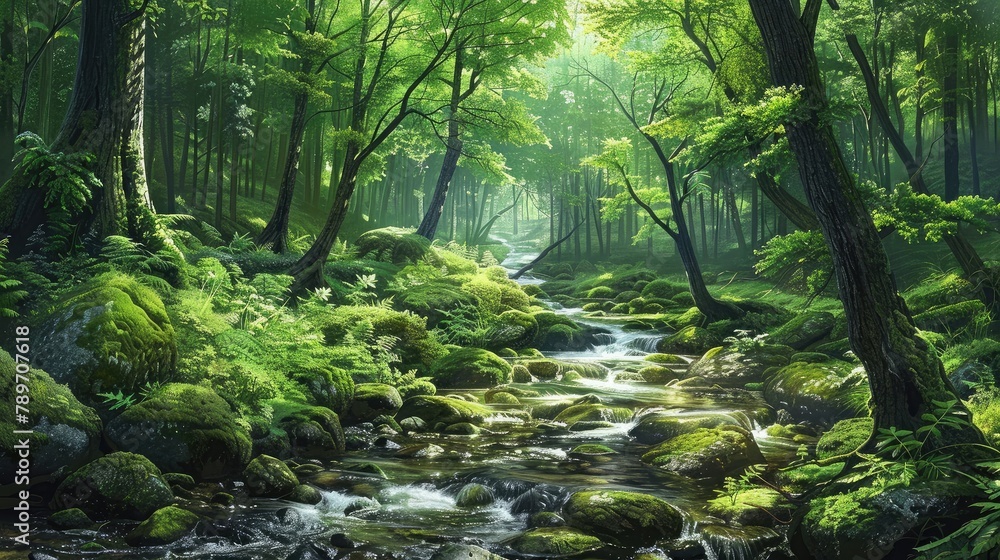 serene forest scene with lush green trees and a flowing stream, promoting the preservation of natural habitats