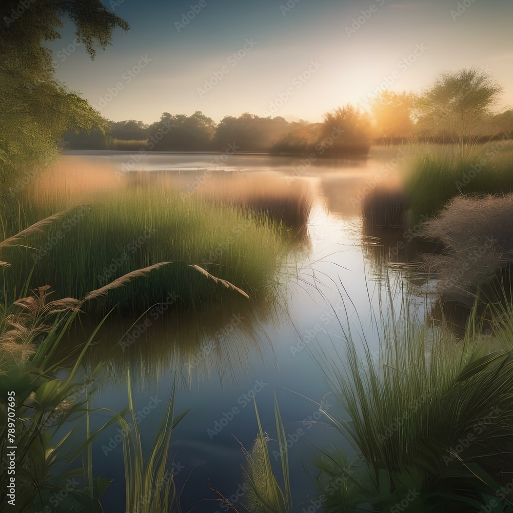 A tranquil pond surrounded by tall grasses and reeds4 - obrazy, fototapety, plakaty 