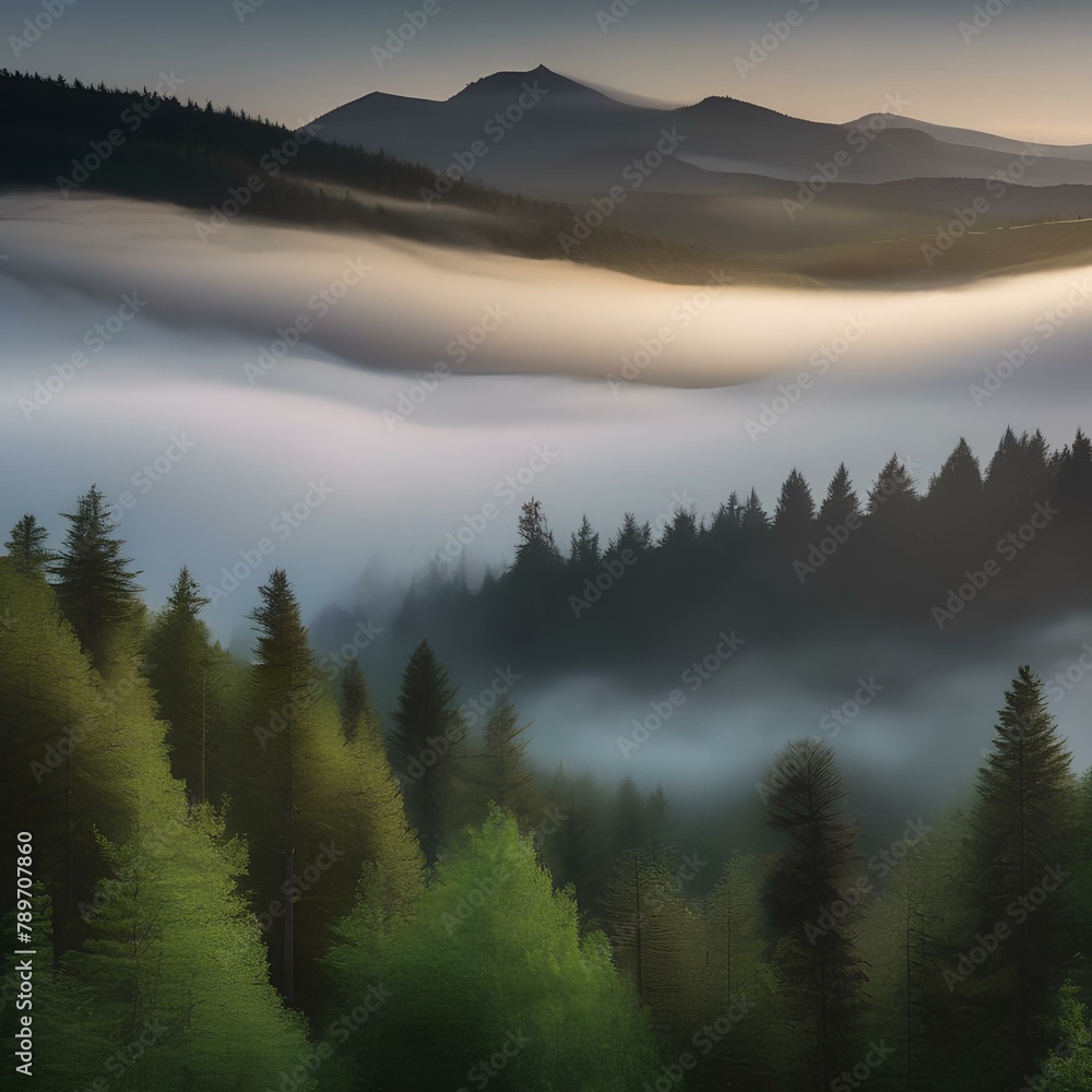 A dense fog rolling over a quiet, misty forest3