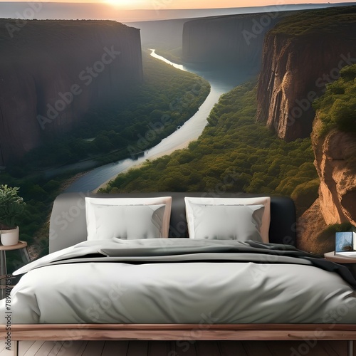 A panoramic view of a canyon with towering cliffs and a winding river below5