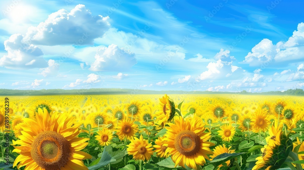Fototapeta premium idyllic countryside scene with fields of sunflowers stretching to the horizon, radiating warmth and joy under a clear blue sky.
