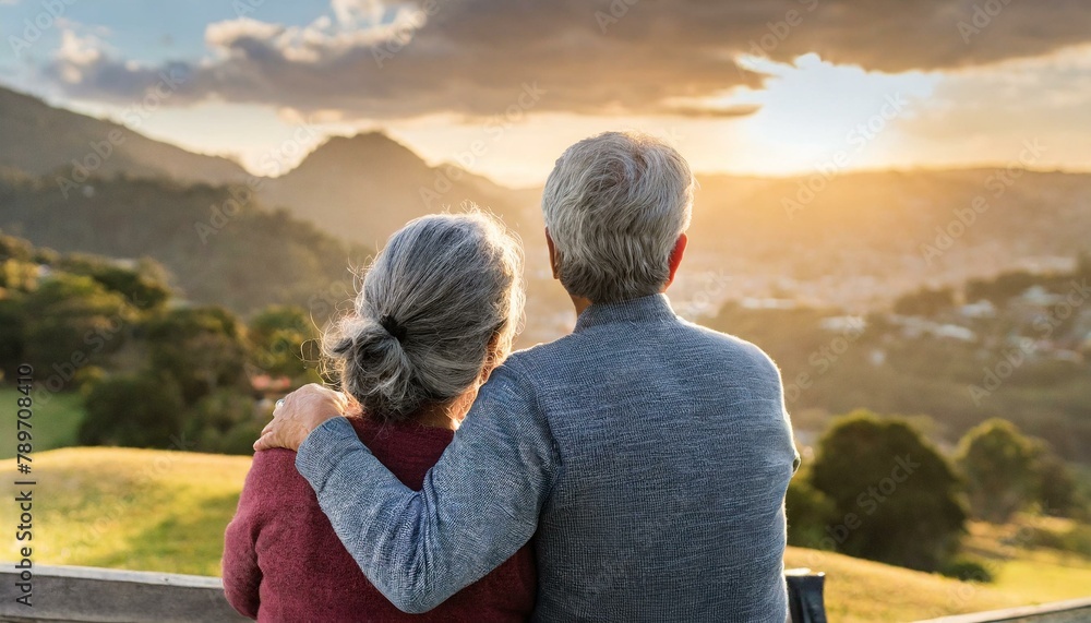 An older mature couple with grey hair, sit together watching the sunset over a beautiful landscape. Aging and retirement concept.