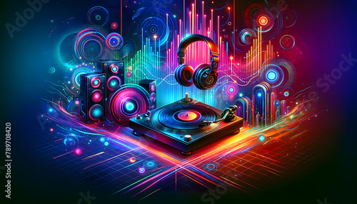 Neon Beat: A Vibrant DJ Set with Pulsating Soundwaves in a Colorful Background