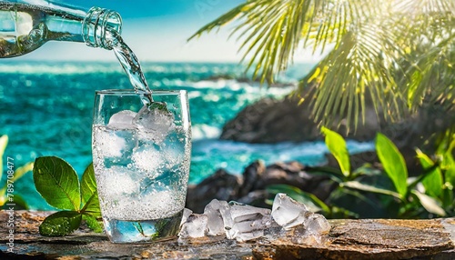 Refreshing water is poured from a glass bottle into a clear cup of ice, with a tropical beach scene in the background.