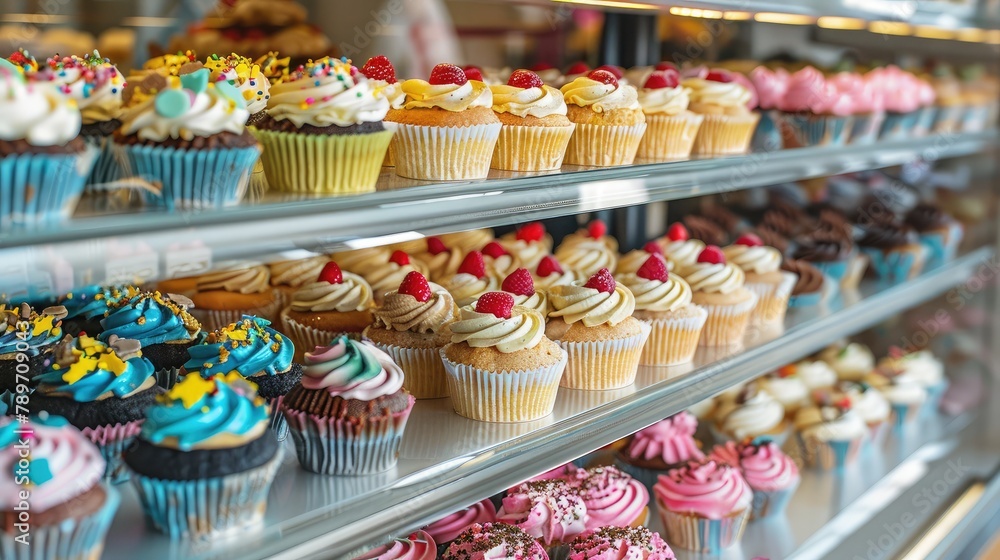 display case filled with colorful cupcakes and pastries at a trendy cake shop