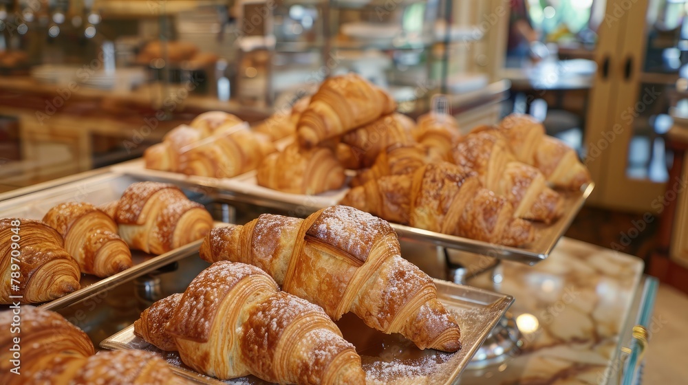 display case filled with artisanal pastries and croissants at a charming bakery shop