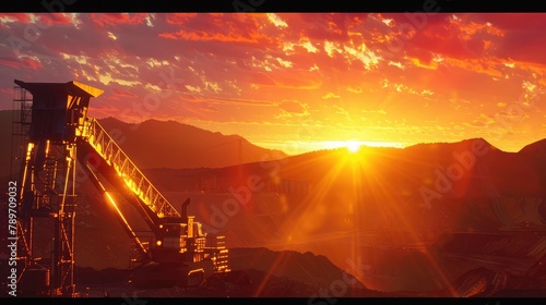 dramatic sunrise illuminating the silhouette of towering mining equipment against a backdrop of distant mountains, evoking the dawn of a new day in resource extraction. photo