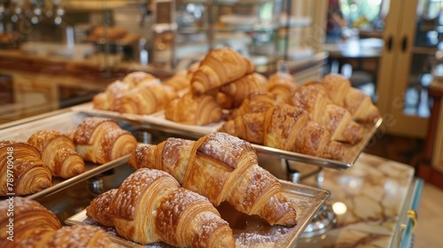 display case filled with artisanal pastries and croissants at a charming bakery shop