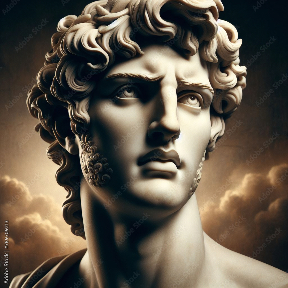 Portrait of a plaster statue of Apollo isolated on black. Gypsum statue of Apollo's bust. Greek god statue. Male statue of a Roman deity, muscular Apollo in Olympus. Portrait of a plaster statue of Apollo isolated on black. Gypsum statue of Apollo's bust. Greek god statue. Male statue of a Roman deity, muscular Apollo in Olympus.