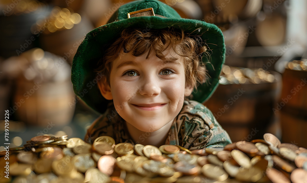 A portrait of a little caucasian boy wearing a leprechaun hat and smiling with a lot of coins, perfect for St. Patrick's Day celebration and holiday-themed designs. A portrait of a little caucasian boy wearing a leprechaun hat and smiling with a lot of coins, perfect for St. Patrick's Day celebration and holiday-themed designs.