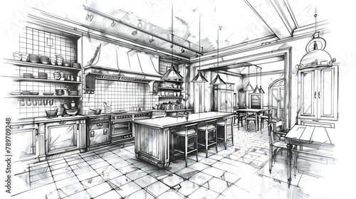 Linear sketch of an interior. Hand drawn vector illustration of a sketch style., realistic interior design