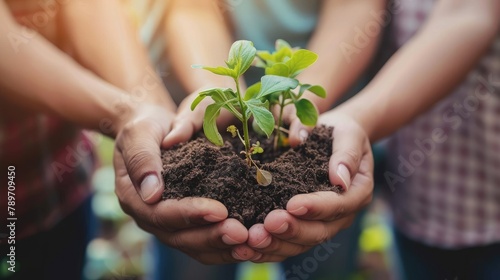 close-up of hands holding a handful of soil, symbolizing the importance of regenerative agriculture in sequestering carbon and mitigating climate change. photo