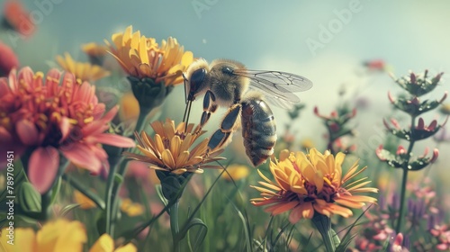 close-up shot of a bee pollinating a vibrant cluster of wildflowers, highlighting the vital role of blossoms in sustaining biodiversity and ecosystems.