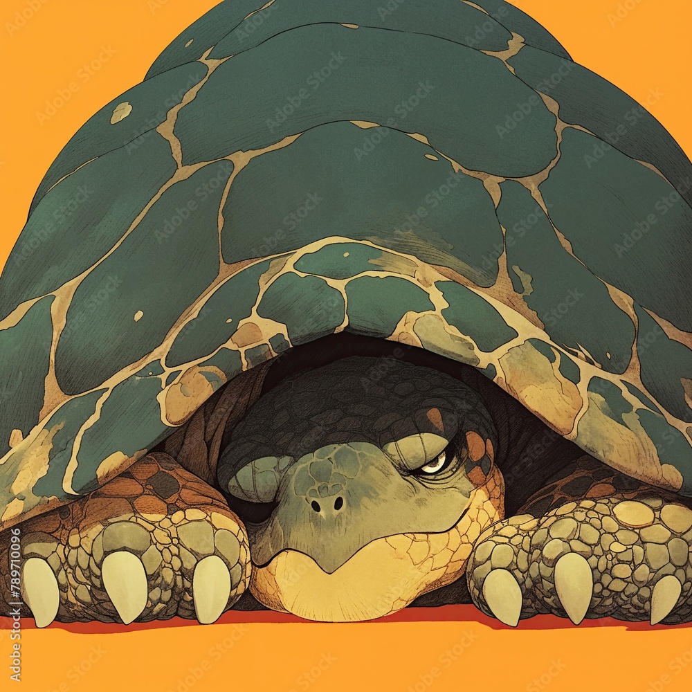 A cartoon giant tortoise with a mischievous glint in its eyes ...