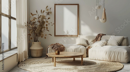 Living room interior with mock up poster frame, beige sofa, round wooden coffee table, rug, pouf, vase with rowan, rounded shapes armchair, braided plaid and personal accessories, Home decor, Template