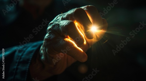 A starkly lit closeup of a photographers hand adjusting a key light to create the perfect interplay of light and shadows on their subjects face. . photo