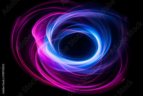 Whirling blue and pink neon wave vortex. Stunning abstract art on black background.