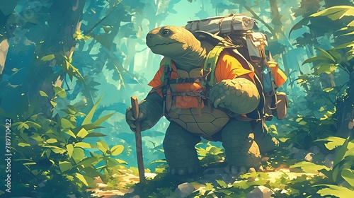 A giant cartoon tortoise wearing a backpack, setting off on a hiking adventure through a lush forest , 3d style photo