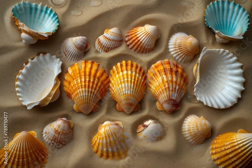 Varias conchas marinas sobre la arena de la playa. Fondo con tematica marina, biodiversidad photo