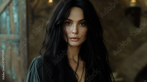 Portrait of a beautiful young woman, witch with long black hair and dark eyes