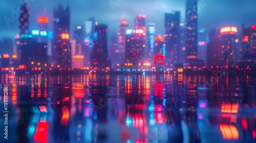 The city skyline fades into a sea of blurred neon lights reflecting off the shimmering surface of a nearby river in this mesmerizing Neon Nightscape. .