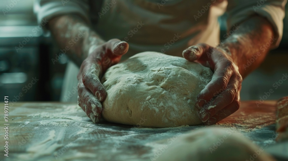 A closeup of a skilled bakers hands delicately kneading a ball of dough shaping it into a perfect oval before placing it in the oven. .