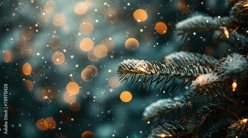 Festive Winter Table with Snowy Fir Branches   Abstract Defocused Lights