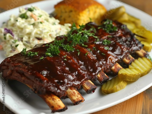 Ribs with gravy and a side of coleslaw and pickles. The ribs are cooked and ready to be eaten