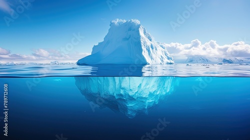 Minimalistic image of an iceberg in the ocean with a view under and above the water with a copy space. Generative AI © kovalovds