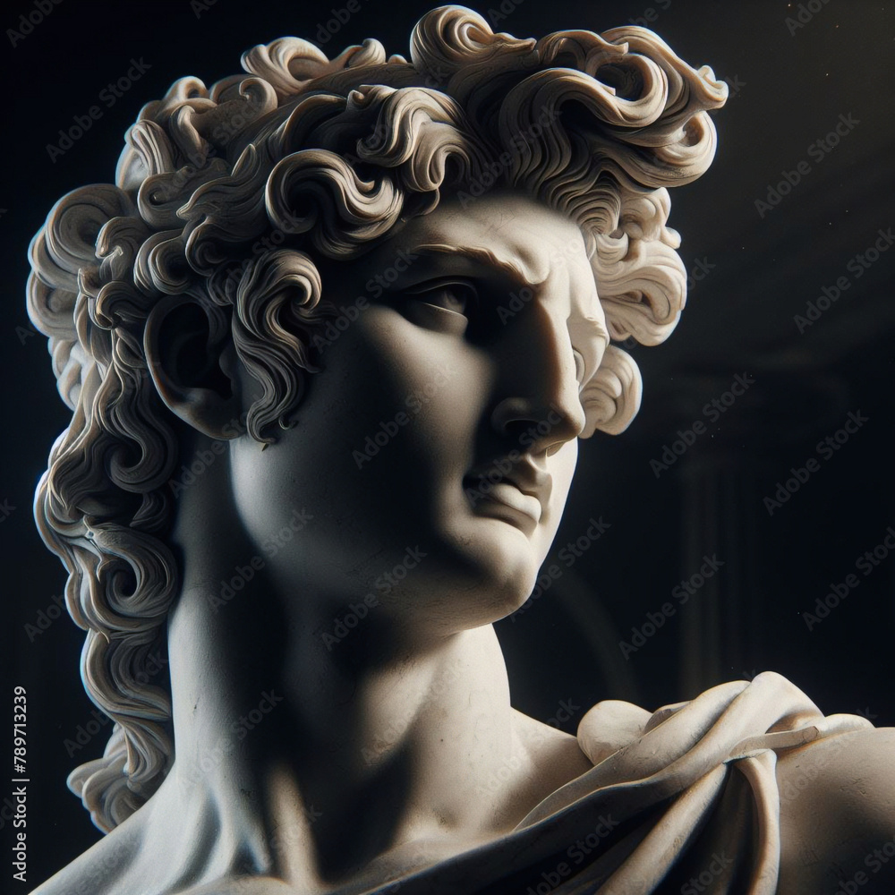 Portrait of a plaster statue of Apollo isolated on black. Gypsum statue of Apollo's bust. Greek god statue. Male statue of a Roman deity, muscular Apollo in Olympus. Portrait of a plaster statue of Apollo isolated on black. Gypsum statue of Apollo's bust. Greek god statue. Male statue of a Roman deity, muscular Apollo in Olympus.