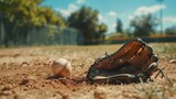 Blank mockup of a baseball glove and ball on a practice field waiting for a catch. .