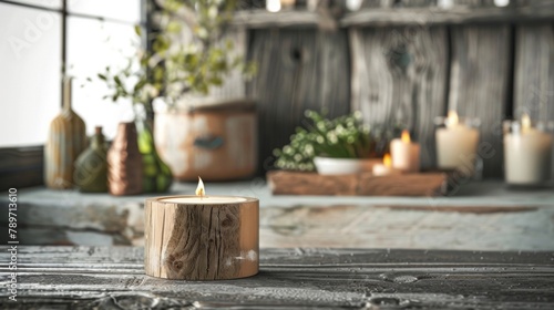 Blank mockup of a rustic wooden candle holder with a natural finish. . photo