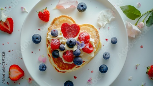 A white plate with heart-shaped pancakes, decorated with berries and cream on top, against a clean background for celebration 