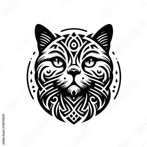 british shorthair cat in modern tribal tattoo, abstract line art of animals, minimalist contour. Vector