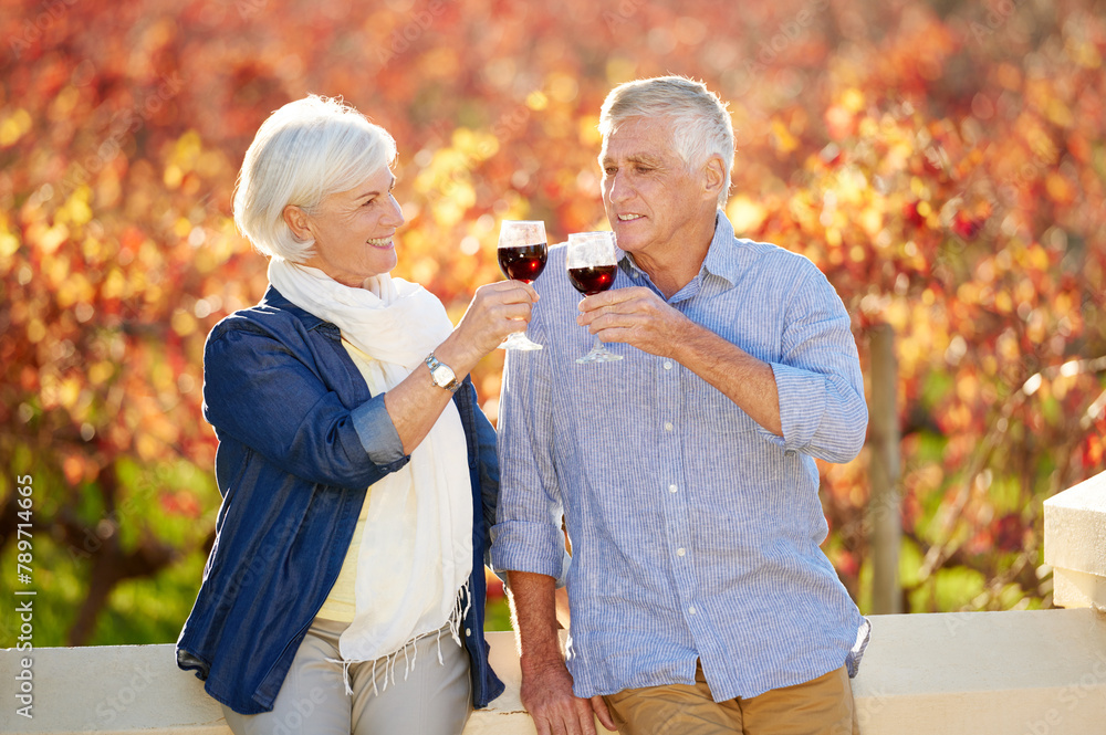 Obraz premium Senior couple, wine tasting and drink together for memories, relationship and retirement on vineyard. Toasting, man and woman excited on farm visit with alcohol for celebration, date or love