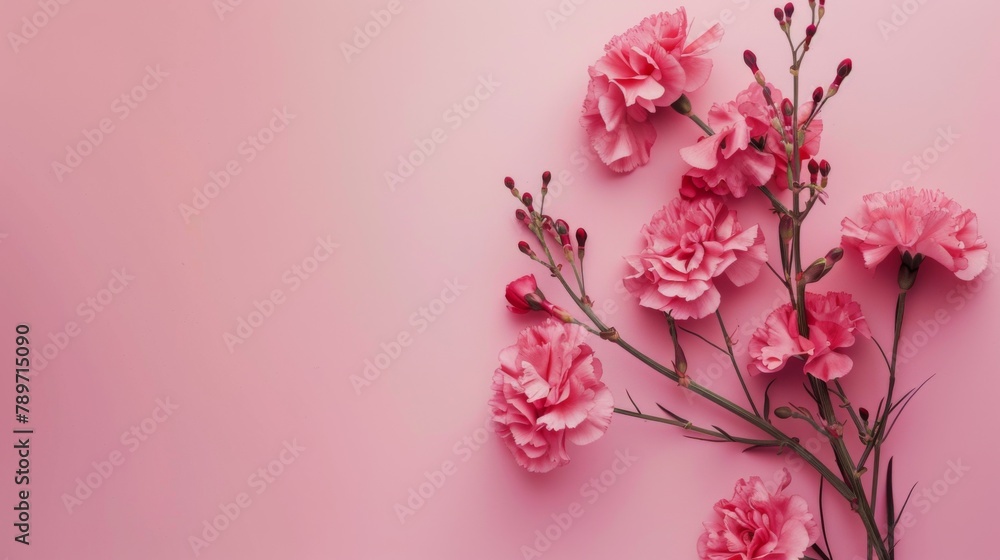Carnation Arrangement on Pink Background，for Valentine's Day or Women's Day, Mother's Day, banner, greeting your loved one on holiday