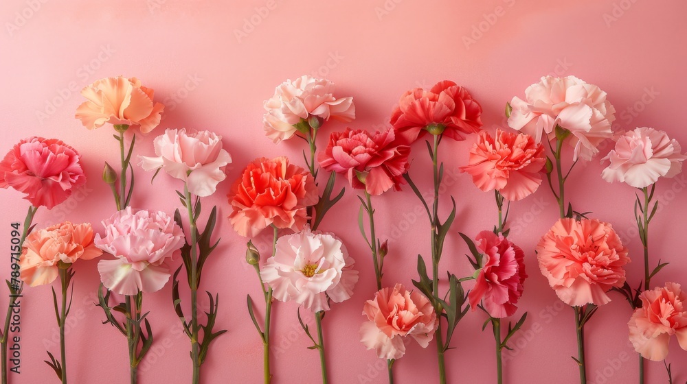 Carnation Arrangement on Pink Background，for Valentine's Day or Women's Day, Mother's Day, banner, greeting your loved one on holiday