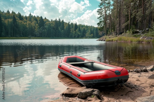 Inflatable boat on the lake, camping in the forest photo