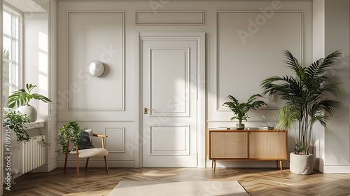 Modern interior of living room with door and sideboard 3d rendering
