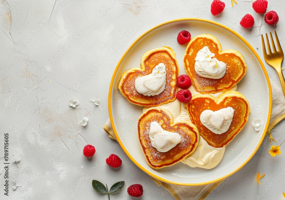  heart-shaped pancakes with berries and cream on a plate,  clean yellow or grey background 